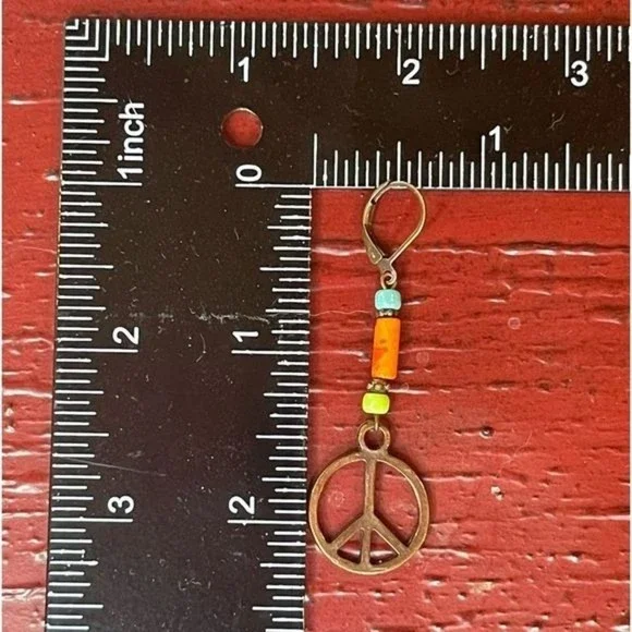 Hand Crafted Artisan Earrings Copper Peace Sign Hippie Boho Colorful # 184 - Picture 3 of 7